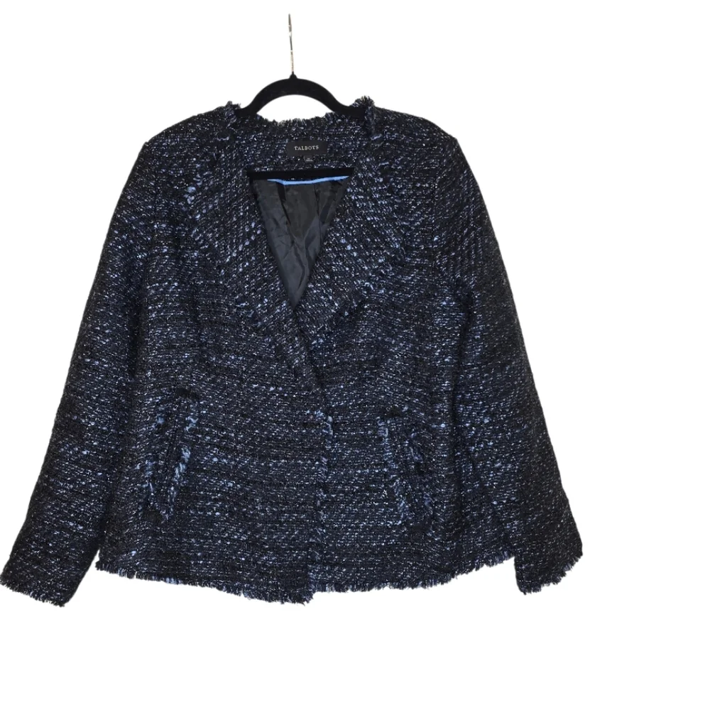 TALBOTS Vienna Black/Blue Metallic Tweed Fringe‎ Jacket - Size 12